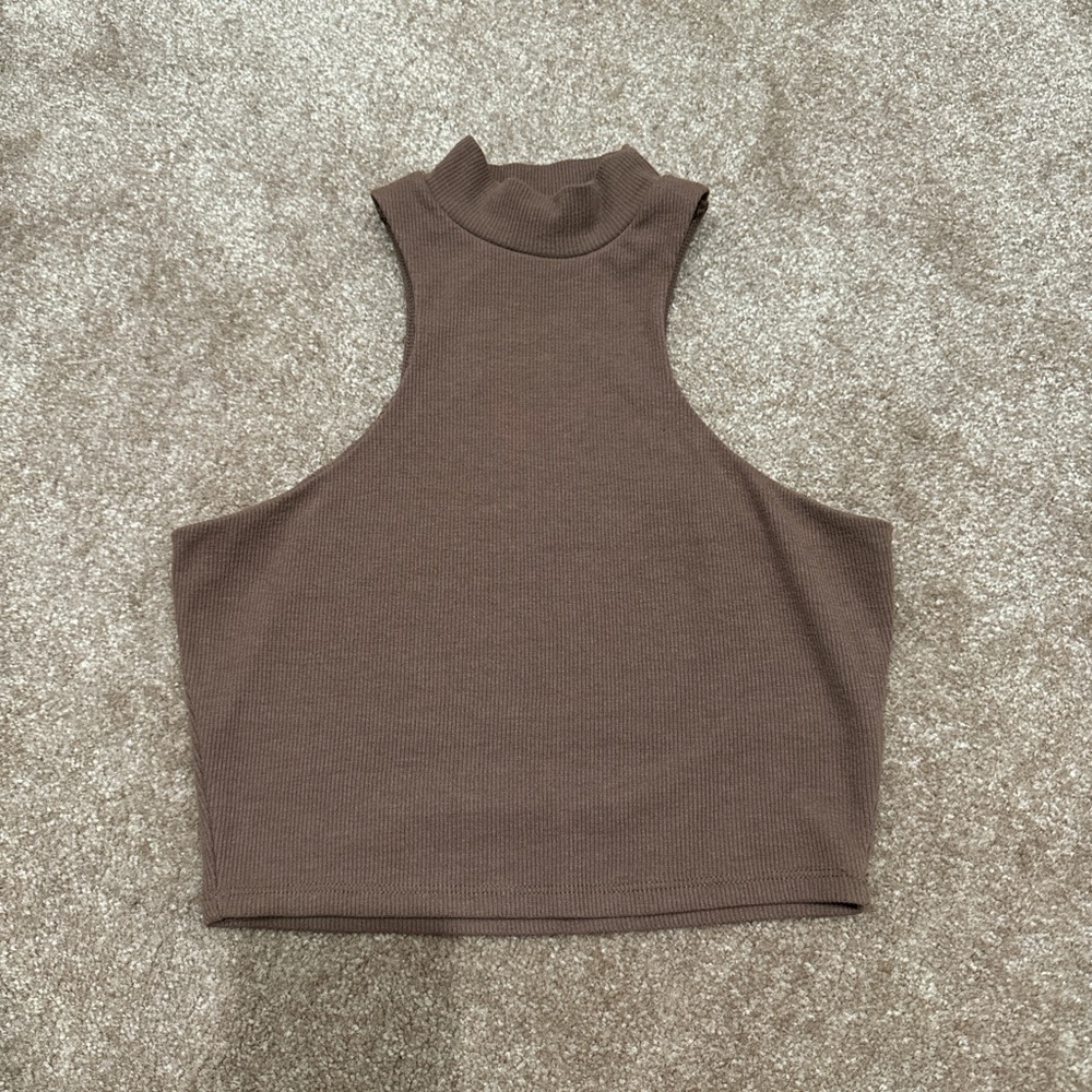 small brown cutout high neck crop top